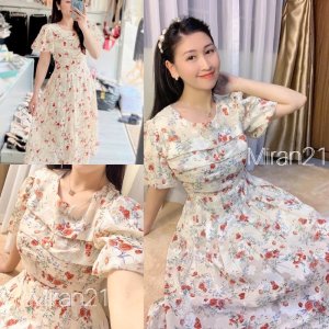 Váy Hoa Đỏ Xếp Ly Ngực Vintage-2