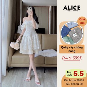 Váy Ren Nữ Tiểu Thư Dáng Xòe ALICE Phối Tơ Nến Lót Lụa, Thiết Kế Trễ Vai Sang Chảnh V799-1