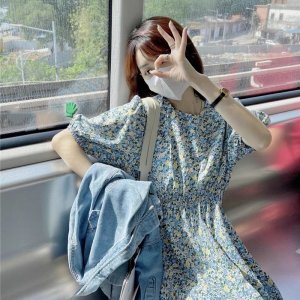 Váy Hoa Nhí Maxi Chun Eo Tay Bồng Ulzzang Style (Hàng Loại 1,hình thật) Váy Hoa Nhí Xanh Vintage-9