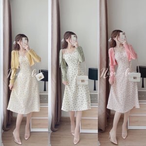 (Sẵn Vàng Hồng) Sét Váy Hai Dây Hoa Nhí Kèm Áo Khoác Cardigan Siêu Đẹp (Ảnh thật ở cuối)-2