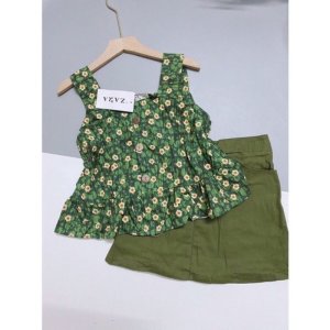Sét Váy Hoa Nhí Gồm Áo 2 Dây Bánh Bèo Hoa Nhí + Chân Váy Kaki Có Lót Trong Màu Xanh Hottrend Phong Cách Hàn Quốc-2