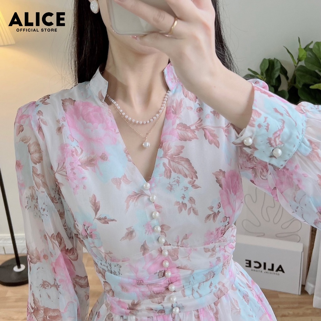Váy Hoa Xòe Dài Tay ALICE Chất Vải Tơ Lót Lụa Mềm Mịn Thiết Kế Váy Chiết Eo Cố V Cúc Ngọc Duyên Dáng Thanh Lịch V779-6