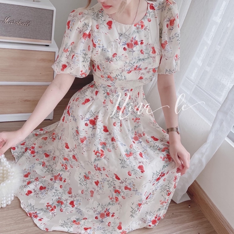 Váy hoa nhí xếp li ngực tay bồng tiểu thư diện đi chơi đi tiệc tone màu sáng da 2 lớp nhẹ nhàng xinh lắm-8