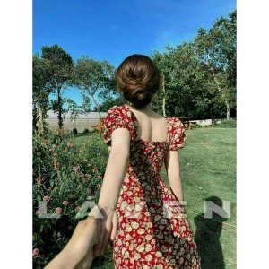 Váy hoa đỏ vintage xẻ tà có miếng lót ngực free size dưới 55kg vừa kèm hình thật-4