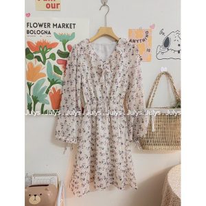 Váy hoa nhí dài tay tiểu thư kèm đai rút eo, Váy hoa vintage kèm đai corset siêu xinh (Có feedback của khách)-7