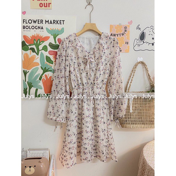 Váy hoa nhí dài tay tiểu thư kèm đai rút eo, Váy hoa vintage kèm đai corset siêu xinh (Có feedback của khách)-7