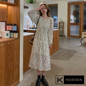 Váy babydoll dáng dài đầm hoa nhí trắng đen hàn quốc dài tay vintage tiểu thư đẹp kozoda D9-4