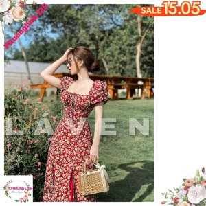 VÁY HOA NHÍ ĐỎ CỔ VUÔNG XẺ VẠT-3