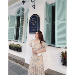 váy tơ hoa đuôi cá cúc bọc cổ v - váy thiết kế đuôi cá 2 lớp-3