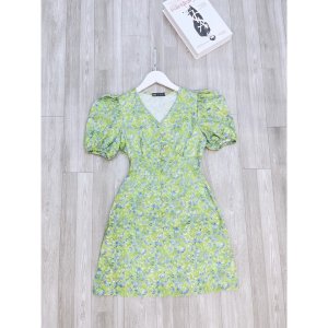 Váy đầm hoa xanh cổ V cúc bọc hàng đẹp V132-8