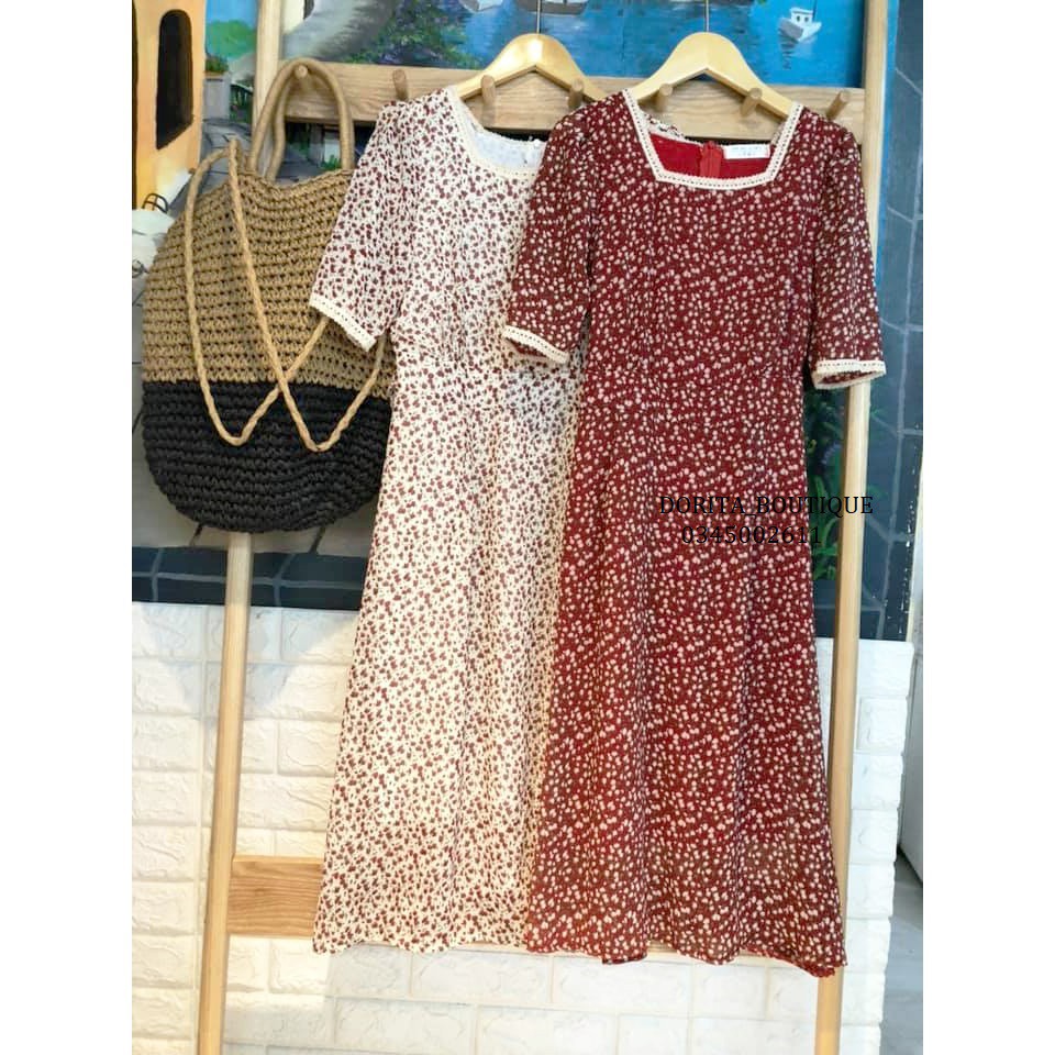 Váy hoa nhí vintage cổ vuông ngắn tay, Đầm vintage dáng dài - Dorita Boutique-4