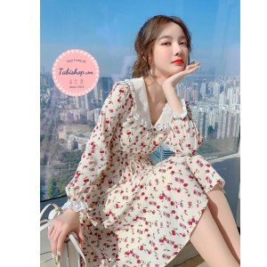 Váy Đầm hoa nhí dài tay cổ sen phối ren cho nữ bánh bèo, đầm tiểu thư phong cách hàn quốc dự tiệc đi chơi noel tết-5