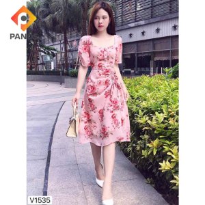 Đầm Váy Hoa Hồng Phối Nút Rút Dây Siêu Xinh Thời Trang Nữ Dạo Phố-2