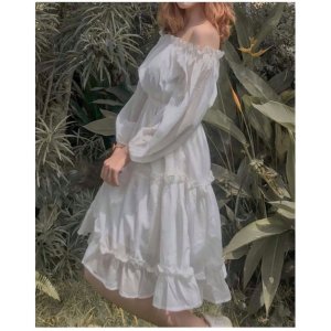 Váy babydoll, váy trắng trễ vai dáng dài hở lưng tay bồng đầm dự tiệc, mặc đi chơi, đi biển, siêu xinh, VAY002-2