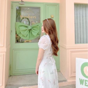 Váy hoa nhí cổ vuông vintage dáng dài tay ngắn phối nút bộc,đầm dự tiệc cưới công chúa sang chảnh xinh đẹp-6