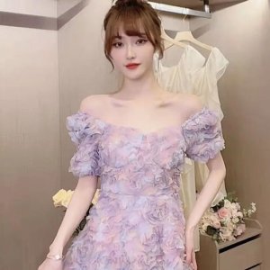 Đầm Tay Ngắn Màu Bạc Họa Tiết Hoa Oải Hương Thanh Lịch Thời Trang 2022-4