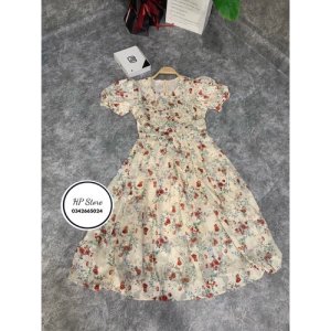 (Siêu Hót) Váy kem hoa cam xếp ly ngực tay bồng tiểu thư điệu đà (kèm ảnh thật)-8