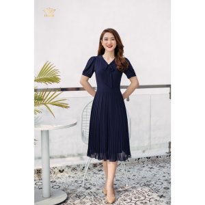 Đầm xòe dự tiệc cao cấp thiết kế cổ cột nơ chân váy dập ly - Xanh tím - TTV916 TTV Store-4