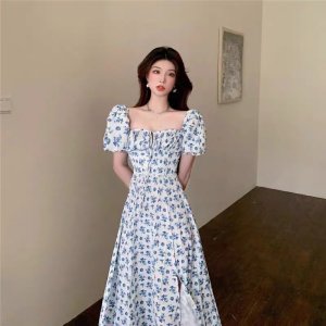 Đầm váy nữ hoa xẻ tà đi biển tay phồng trễ vai nhún ngực siêu đẹp - FIFI D47-7