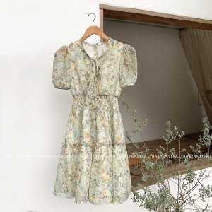 Váy thiết kế LYRA chất voan to hoa chun eo nhún buộc nơ cổ - LWTVD464-7