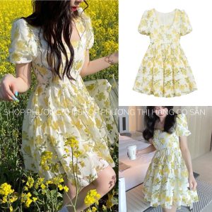 Váy hoa nhí babydoll hoạ tiết bông hoa vàng tay bồng ulzzang (video/sẵn)-1