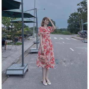 Đầm hoa thiết kế tay bồng dáng xòe vuốt ly chất tơ ép đẹp 2 lớp - 145-4