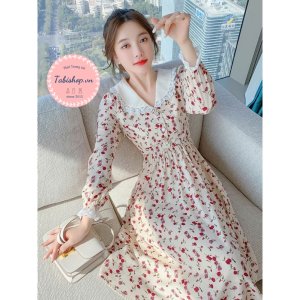 Váy Đầm hoa nhí dài tay cổ sen phối ren cho nữ bánh bèo, đầm tiểu thư phong cách hàn quốc dự tiệc đi chơi noel tết-3