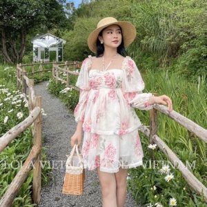 Đầm Baby Rose Hoa Tay Dài Phong Cách Công Chúa - Váy Nữ Cổ Vuông Tay Bồng Dáng Xòe 3 Tầng Bánh Bèo Tiểu Thư Lola VietNam-2