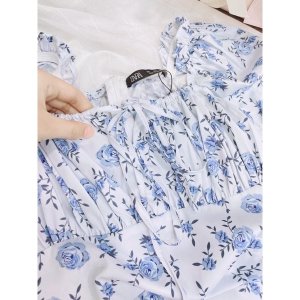 [Ảnh thật/Video] Váy đầm hoa xanh dúm ngực xẻ tà chun vai tiểu thư chất cực đẹp V124-6