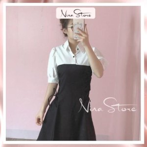 Váy Nữ Cổ Sơ Mi Tay Lỡ Đan Dây Eo Dáng Xòe Tiểu Thư Chất Đũi Lụa NinaStore-4
