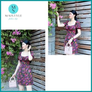 Váy hoa nhí MAISTYLE đầm body hoa nhí tay phồng cổ vuông trễ vai thiết kế đẹp dáng ngắn MY1113-9