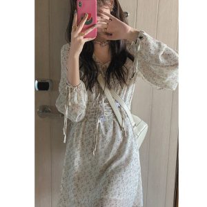 Váy hoa nhí dài tay tiểu thư kèm đai rút eo, Váy hoa vintage kèm đai corset siêu xinh (Có feedback của khách)-4