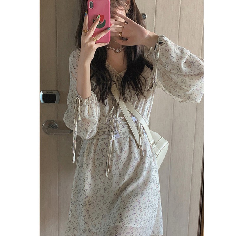 Váy hoa nhí dài tay tiểu thư kèm đai rút eo, Váy hoa vintage kèm đai corset siêu xinh (Có feedback của khách)-4