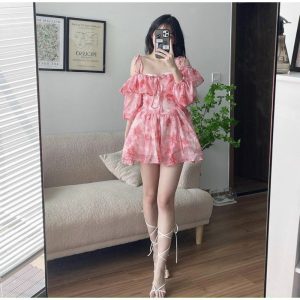[Hàng đặt trước] Váy hoa 2s trễ vai, vai cách điệu bèo, có độ phồng xoè [MS1]-2