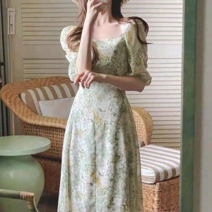 VÁY HOA XANH CỔ VUÔNG 2 LỚP VOAN TƠ-2