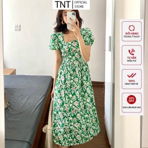 váy hoa vitage, đầm babydoll cổ vuông buộc nơ sau phong cách hàn quốc-9