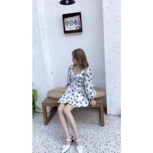 Váy đầm dài tay hoa xanh cổ chữ U dúm ngực tay phồng tiểu thư-2