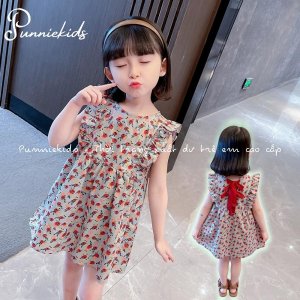 Váy hoa nhí xuất dư thắt nơ sau chất thô mịn mềm mát mùa hè cho bé gái phong cách vintage-2