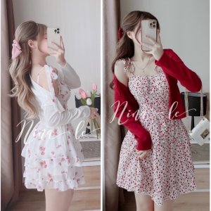 Set váy 2 món váy hoa 2 dây khóa lưng kèm áo khoác thun gân, Váy 2 dây hoa xếp ly ngực siêu xinh-1