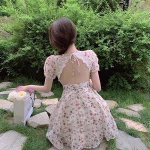 [Ảnh thật/Video]Váy hoa nhí Lulilan tay bồng hở lưng viền ren xinh xắn Đầm nữ tiểu thư cutout sexy-9