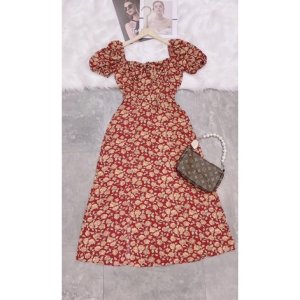 Váy đầm hoa vintage cổ vuông xẻ tà cực xinh V113-5