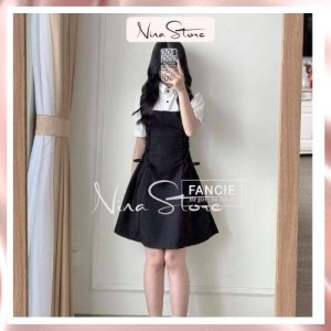 Váy Nữ Cổ Sơ Mi Tay Lỡ Đan Dây Eo Dáng Xòe Tiểu Thư Chất Đũi Lụa NinaStore-5
