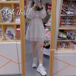 Váy hoa nhí dài tay tiểu thư kèm đai rút eo, Váy hoa vintage kèm đai corset siêu xinh (Có feedback của khách)-5