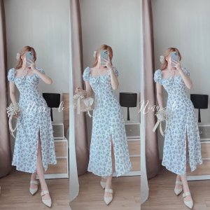 [Ảnh thật/Video] Váy đầm hoa xanh dúm ngực xẻ tà chun vai tiểu thư chất cực đẹp V124-3