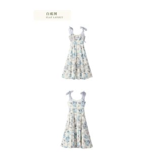 Đầm midi Hoa tay ngắn màu xanh lam Tòa án Pháp Váy thanh lịch 2022-8