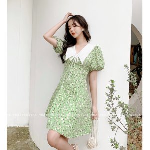 Váy thiết kế LYRA chất đũi hoa phối lá cổ tơ 2 lớp siêu điệu - LWTVD457-1