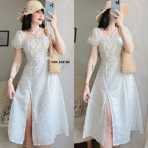 (Sẵn Hoa Cam)Clara_ Váy Đầm Nữ Hoa Nhí Hai Lớp Xếp Ly Thắt Dây Trước Ngực Phong Cách Hàn Quốc Siêu Đẹp (Ảnh thật ở cuối)-3