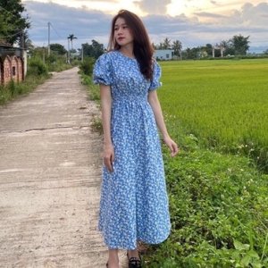 Váy hoa chun eo tay phồng, đầm hoa nhí vitage ảnh thật khách mặc-6