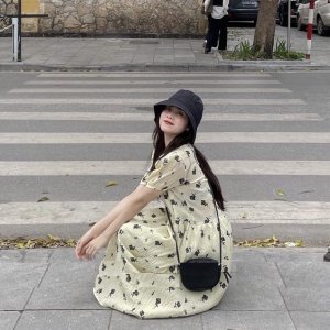 Váy Be Hoa Đen Phối Tay Chun PEONYB Nữ [FREESHIP] 🌸 Đầm đi biển dáng suông dài bánh bèo tiểu thư hàn quốc Ulzzang 🌸-5