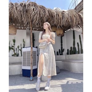 Váy hoa nhí tiểu thư vintage xẻ đùi - Đầm hoa nàng thơ (video/sẵn)-2